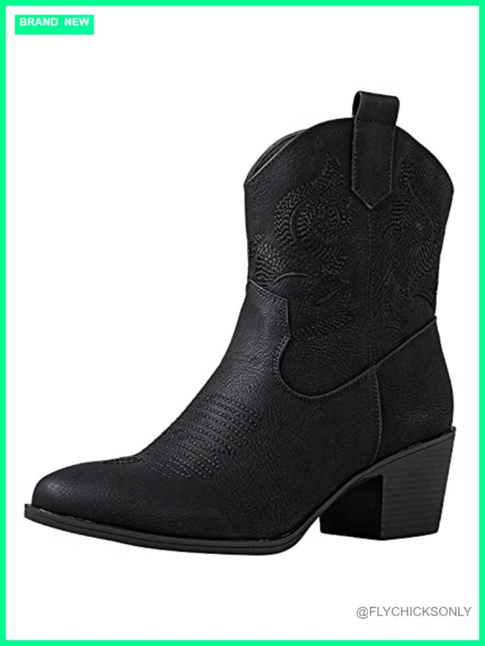 Western Ankle Boots Faux Leather Side Zip Almond Toe Block Heel Cowboy Booties